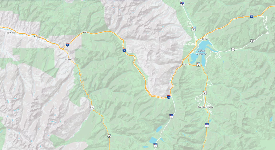Map of the Purity Pools & Spas service area across Summit and Eagle County, Colorado